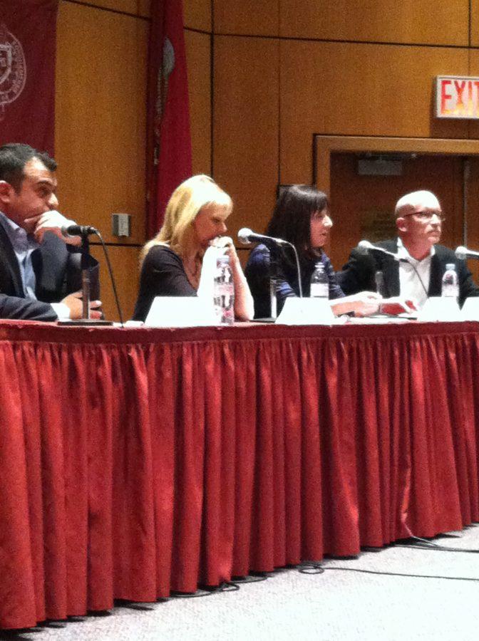 Karen J. Greenberg (left center) facilitated a panel discussion at Fordham Law School about the depiction of torture in the film Zero Dark Thirty with Ali Soufan (left), Jane Meyer (right center), and Alex Gibney (right).