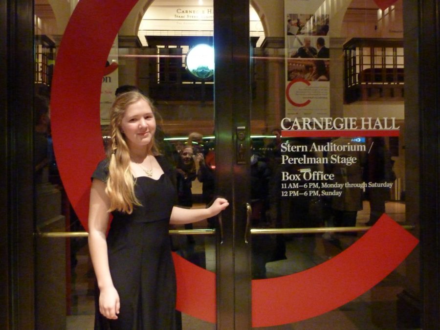 Convent of the Sacred Heart freshman Brooke Remsen, wearing the Manhattan Girls’ Chorus’s signature butterfly necklace, performed with the group at Carnegie Hall February 27. Courtesy of Brooke Remsen ‘16.