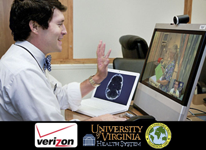 Neurologist, Dr. Andy Southerland is participating in a telemedicine video chat made possible by Verizons Sound Cloud System, which is allowing for more patient care in countries around the world through better accessibility to consult other medical specialists. Courtesy of Priscilla Valdez 15. 
