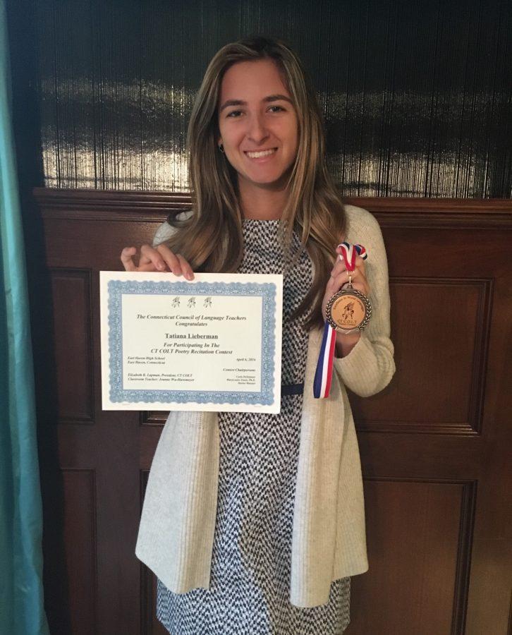 Junior Tatiana Liberman poses with her COLT Language Competition certificate and medal.
Courtesy of Tatiana Liberman 17