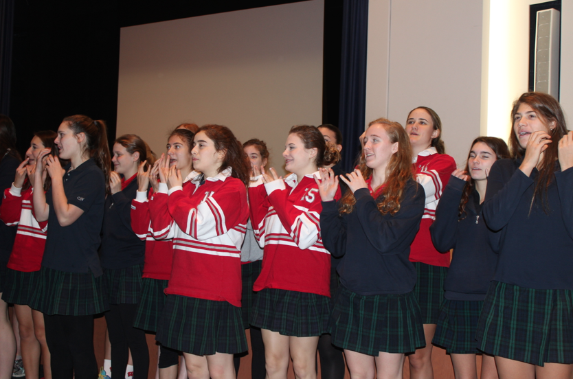 Convent of the Sacred Heart seniors sing and dance to the famous Christmas carol Twelve Days of Christmas during morning meeting.
Courtesy of Ms. Karen Panarella 
