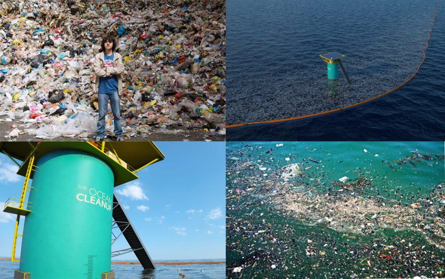 From top left: CEO of The Ocean Cleanup Mr. Boyan Slat, mock model of passive cleanup barrier, debris collection silo, Garbage Patch close up. Nebai Hernandez 16
