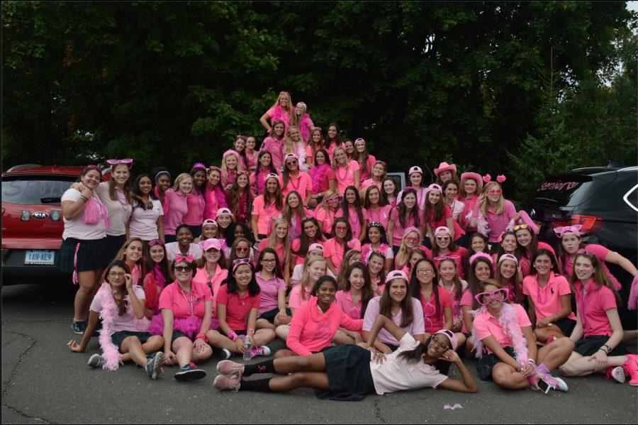 Convent of the Sacred Heart seniors celebrate senior day in the parking lot.
Courtesy of Claire Squire 16