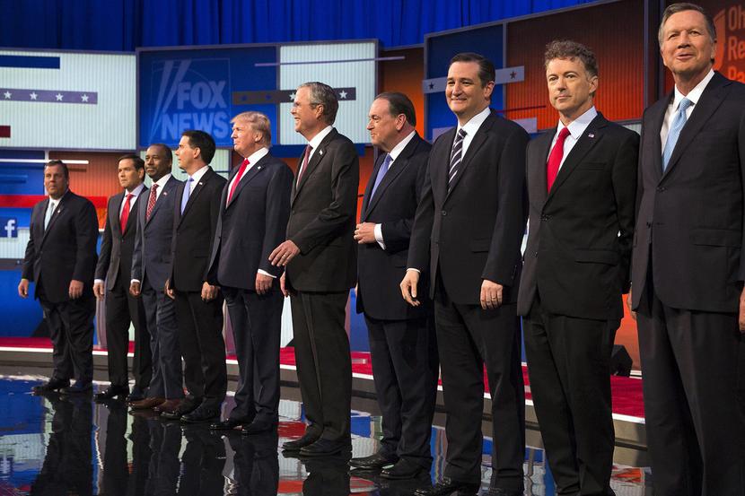The Republican presidential candidates stand at for their audience at the first Republican presidential debate at the Quicken Loans Arena Thursday, Aug. 6, 2015, in Cleveland.
Courtesy of msnbc.com