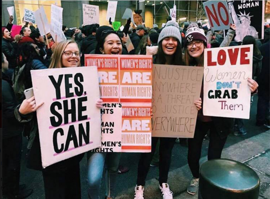 Upper School students Nina Rosenblum 18, Abby Leyson 18, Gianna Morano 18 and Emily Coster 18 participated in the Womens March in New York City January 21. 