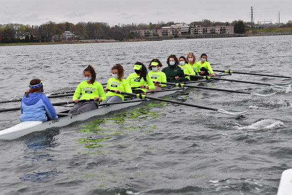 Spring 2021 rowing returns to practice on the water. Courtesy of Christopher Pope.