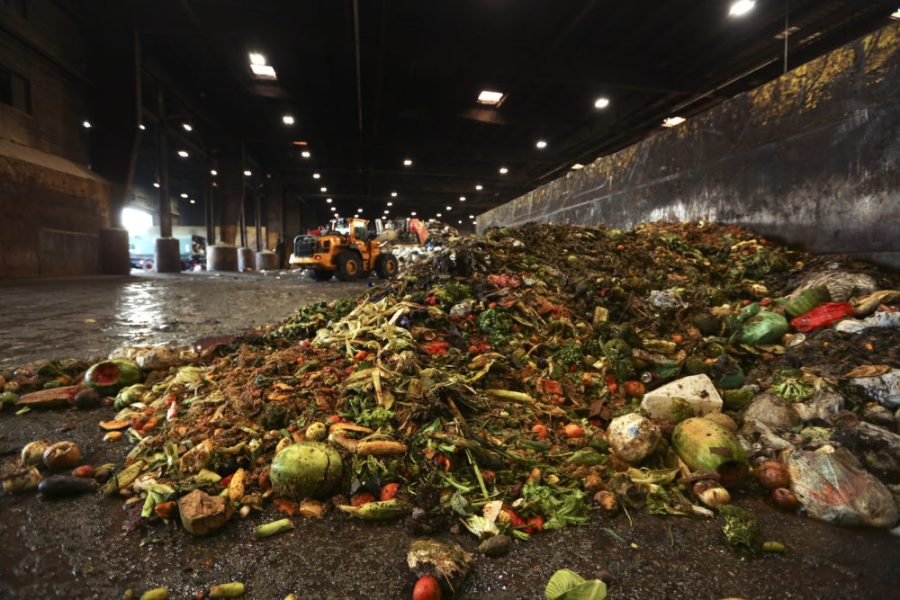 Leftover food piles up at the Waste Management facility in Brooklyn.  AP Photo