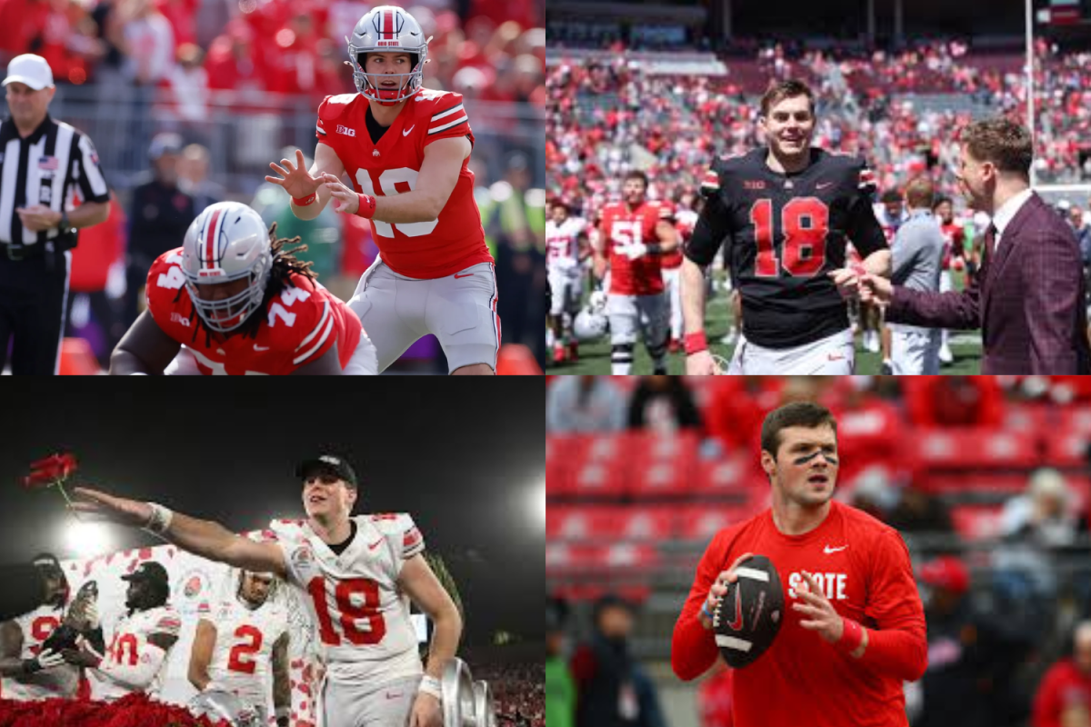 The Ohio State quarterback, Will Howard, prepares for the game focusing on his strategy and leading his team through warm-ups.